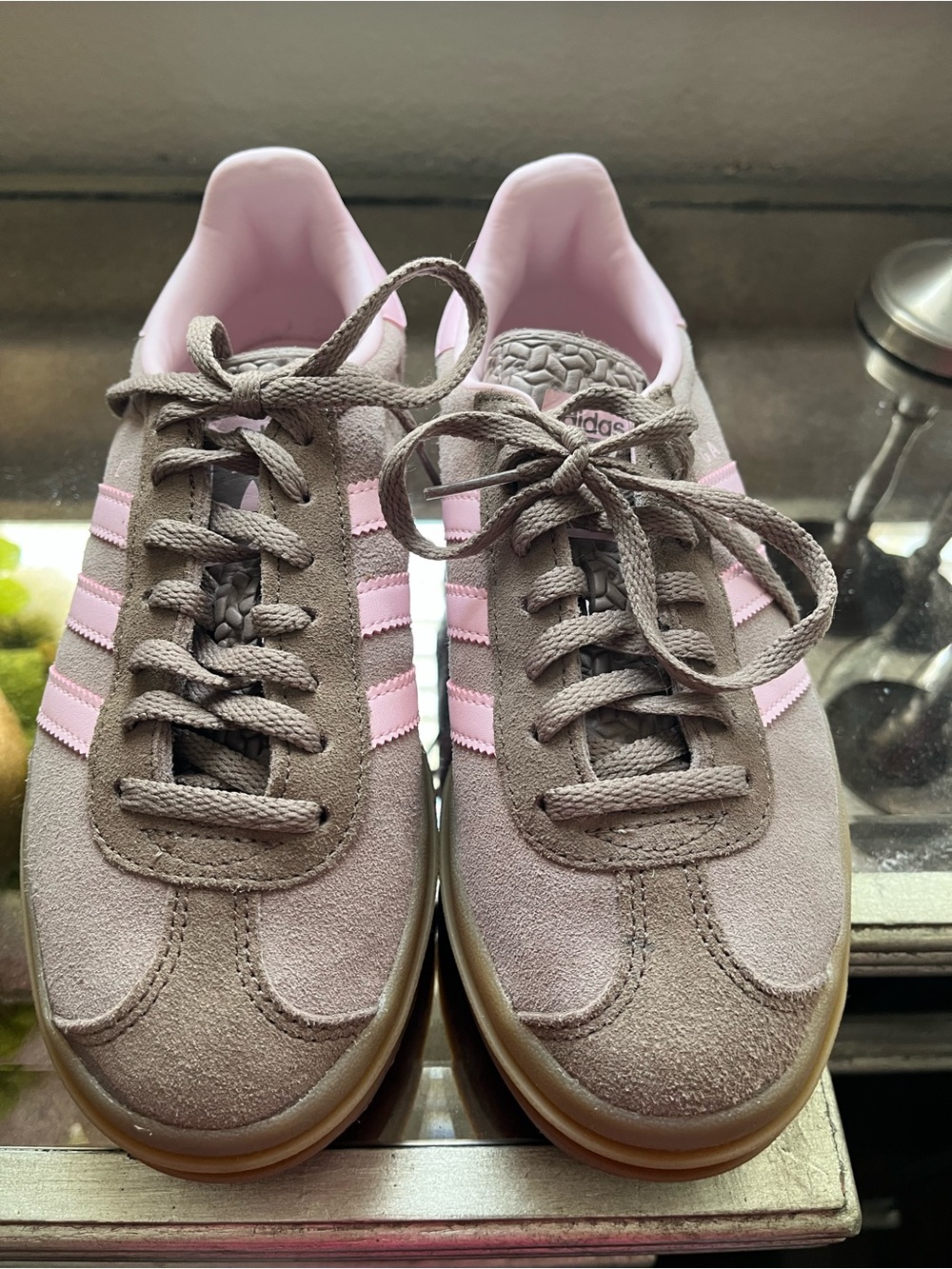 Adidas Women’s Gazelle Suede Sneakers in Taupe with Pink Stripes